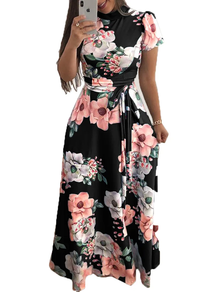 Women Summer Dress 2020 Casual Short Sleeve Long Dress Boho Floral Print Maxi Dress Turtleneck Bandage Elegant Dresses Vestido