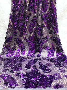 

New Purple Gold Embroidered Organza Lace Fabric With Sequin Sequences For High Quality Nigerian Laces Sewing Dress 5 Yards