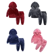 От 1 до 5 лет комплект зимней одежды для маленьких девочек, Бархатные Топы с капюшоном, штаны, теплая одежда