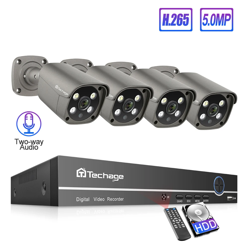 Techage 4CH 5MP POE NVR AI обнаружения человека IP камера системы H.265 двухстороннее аудио Открытый HD безопасности CCTV видеонаблюдения комплект