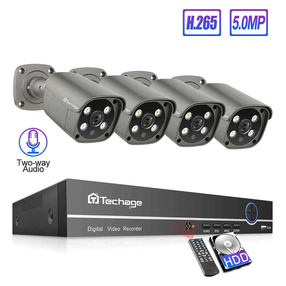 Baratos Techage 4CH 5MP POE NVR AI detección humana sistema de cámara IP H.265 Audio bidireccional exterior HD seguridad CCTV Video vigilancia Kit