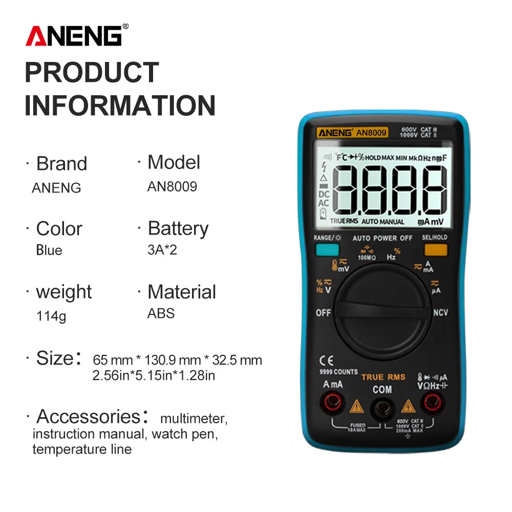 ANENG AN8009 Цифровой мультиметр 9999 количество истинных RMS Автоматический диапазон NCV Омметр AC/DC Напряжение Амперметр измеритель тока температура