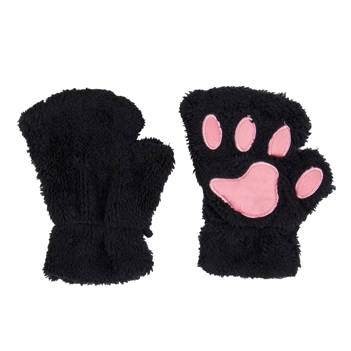 Новые женские милые кошачья лапа с когтями плюшевые рукавицы теплые мягкие плюшевые короткие пушистые медведи кошки перчатки костюм половина пальца черный бежевый - Цвет: Черный