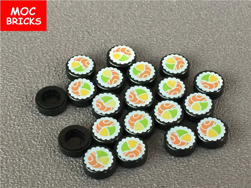 

10pcs/lot MOC Bricks Tile, Round 1 x 1 with Sushi Salmon Maki Roll Pattern fit with 98138pb038 Building Blocks DIY Toys gift