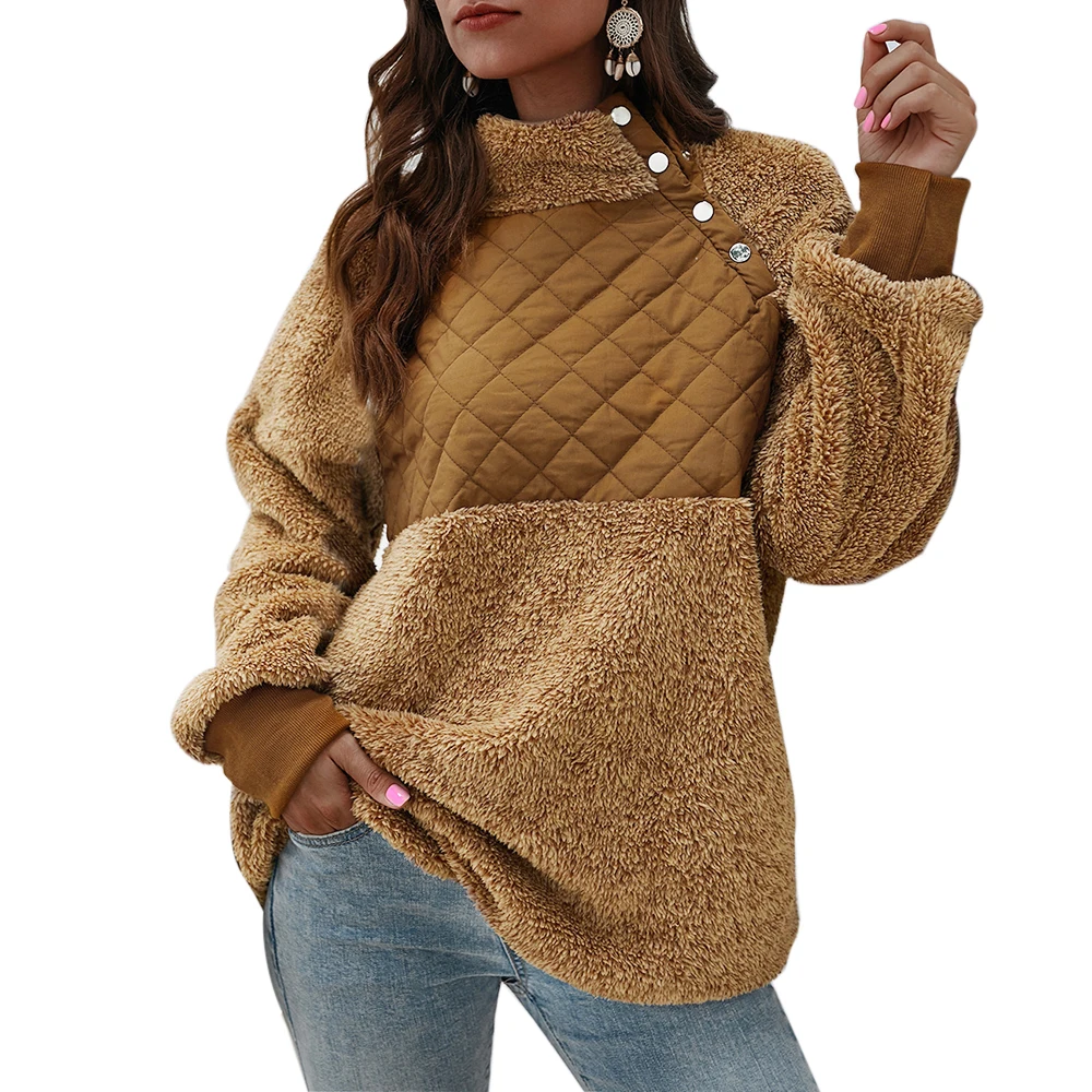 PUIMENTIUA, Женская флисовая толстовка, шерпа, повседневная, искусственный мех, пэтчворк, пушистые толстовки, теплый, длинный рукав, плюш, зимний женский пуловер - Цвет: Brown