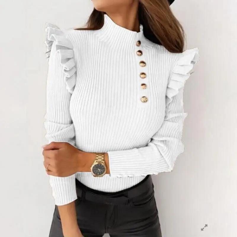 

New Oversized Fall Winter Women's Casual Pure Color Korean Ruffled Button Pullover Turtleneck Knitted Sweater Black White Khaki