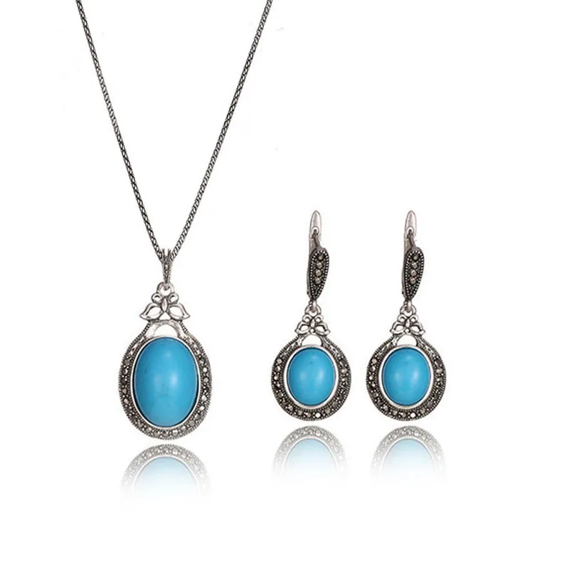 Vintage Sliver Plated Women Jewelry Sets Blue Natural Stone Drop Earring Pendent Necklace Retro Gift For Female | Украшения и