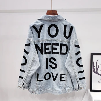 

Vintage Letter Print Denim Jacket Women Streetwear Long sleeve Short Jeans Jacket Coat Female Fashion Oversized Loose Outerwear