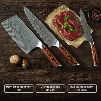 

Three-piece Set High-End Knife Kit Kopis Kitchen Knife Chef Knife Fruit Knife Damascus Decorative Pattern Knife Sushi Knife