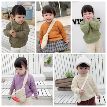 

2020 children's autumn and winter knitted sweater boys and girls middle neck pullover coarse wool sweater