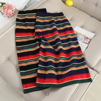 

Female Skirt Striped Knitted Women Long Skirt High Elastic Waist Vintage Autumn Winter Skirts Female 2020 New Fashion Jupe Femme