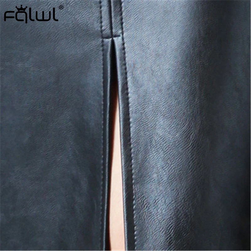 FQLWL черная юбка миди с разрезом, Женская юбка с высокой талией из искусственной кожи, Женская Осенняя офисная Сексуальная облегающая юбка-карандаш