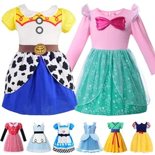 Минни» для маленьких девочек платье принцессы из хлопка и Косплэй вечерние одежда игрушки История Джесси Ариэль Минни Мулан Алиса Белоснежка Эльза, Белль платья