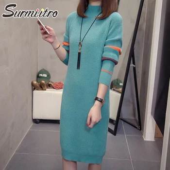 

SURMIITRO Autumn Winter Knitted Long Sweater Dress For 2020 Korean Long Sleeve Jumper Pullover Female Knitwear Half Turtleneck