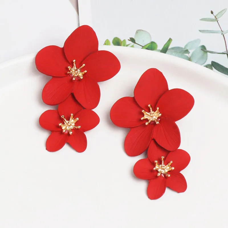 2020 Korean Big Double Flower Drop Earrings Summer Beach Party Metal Statement Earring for Woman Boho Fashion Jewelry Girl Gift