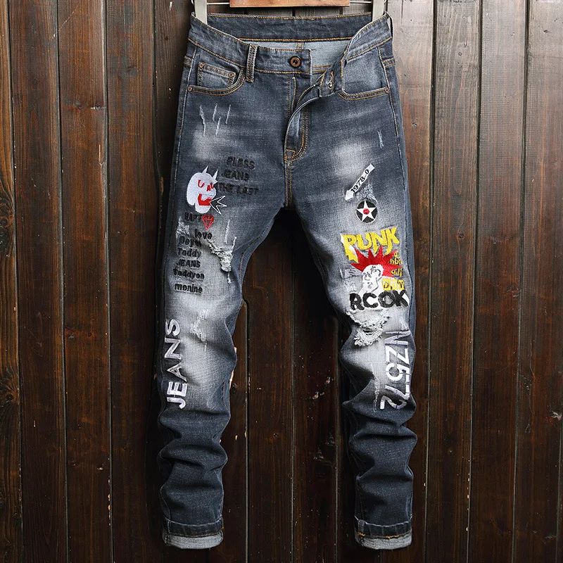 

Spring and Autumn New Style Lettered Embroidered Men's Slim Fit Cowboy-Style Retro Elasticity Casual Jeans