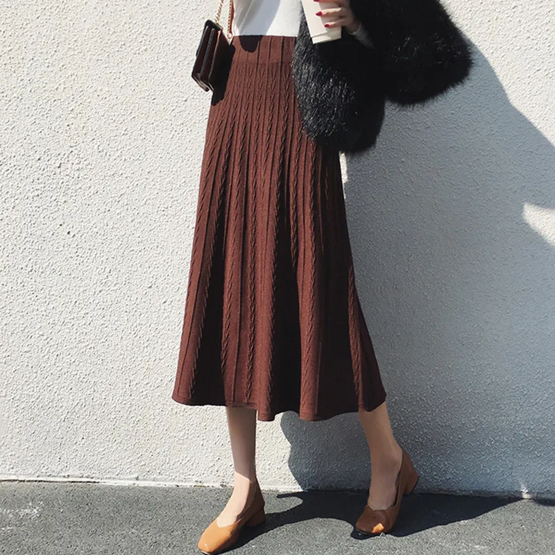 

Long Midi Pleated Skirt Women 2019 Autumn Winter Korean Fashion High Waist A Line Twisted Knitted Skirts jupe femme
