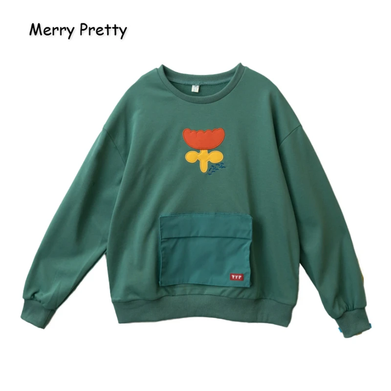 Merry Pretty женские толстовки с цветочной вышивкой и карманами зимние теплые бархатные пуловеры с длинным рукавом и круглым вырезом