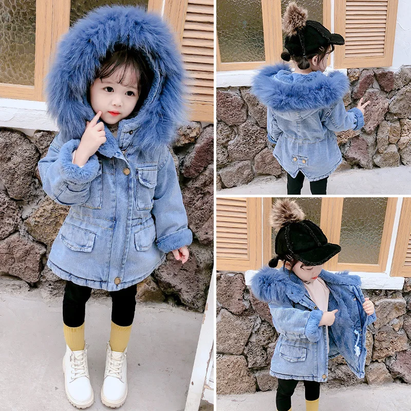 HKXN; зимняя джинсовая куртка для девочек; детская хлопковая ветровка с капюшоном; теплая верхняя одежда из плотного бархата с капюшоном и меховым воротником
