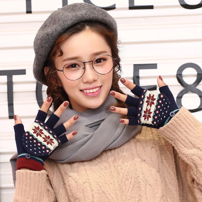 Новые модные зимние женские перчатки без пальцев многофункциональные милые теплые рукавички пэчворк подарок для студентов подруги - Цвет: G45 navy