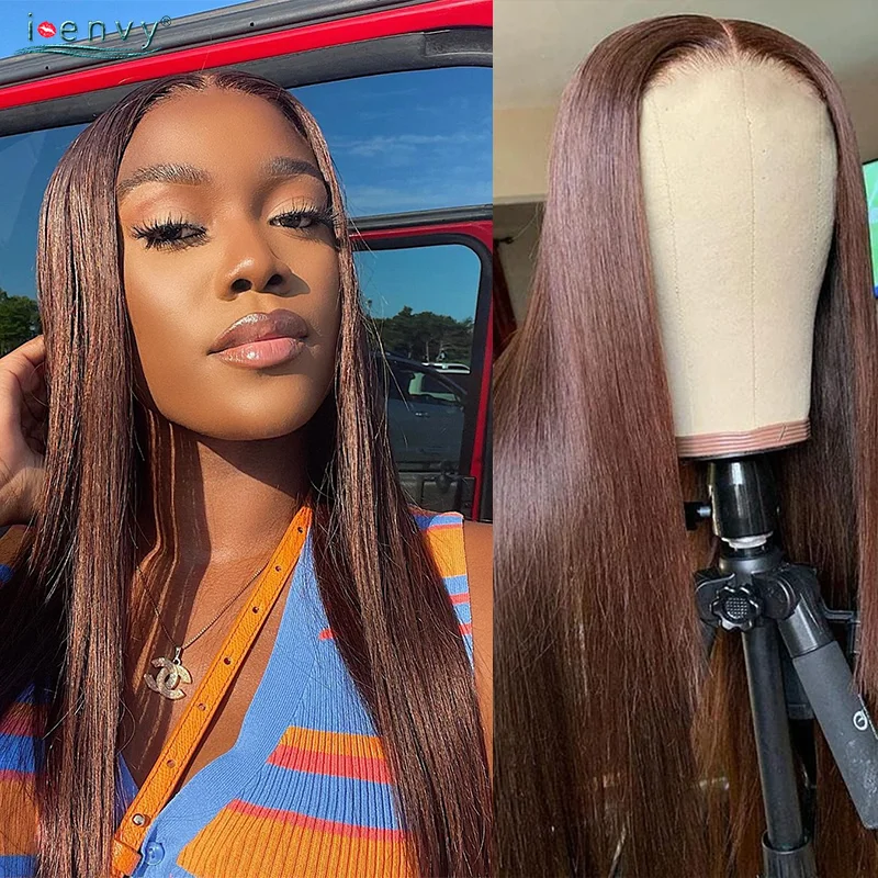 Peluca con malla frontal de color marrón, cabello humano liso peruano