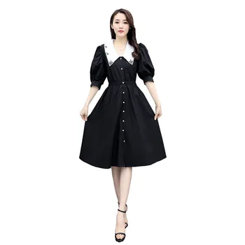 

202020's mid-sleeve dress puff sleeve large lapel Medium-length dress waist feminine skirt