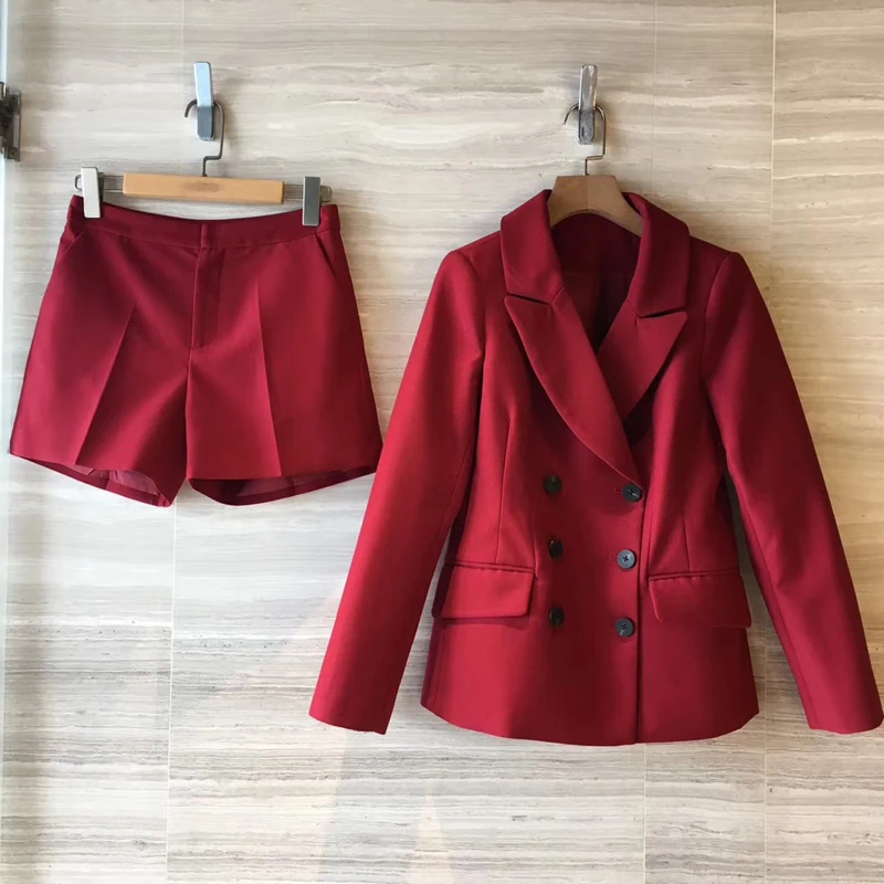 

Two Piece Set Women red Long Sleeve jacket With Shorts Set Summer Clothes For Women Ensemble Femme