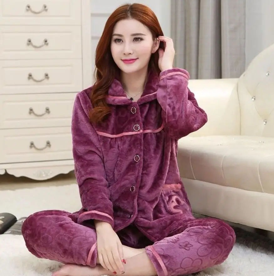Winter Warm Women Pajamas Set Flannel Pyjamas Sets Thick Sleepwear Warm Flannel Long Sleeves Pijama Thick Homewear - Цвет: Color 13