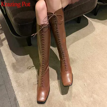 

Krazing Pot elegant British style fashion lace up boots square toe high heels winter warm women side zip thigh high boots L66