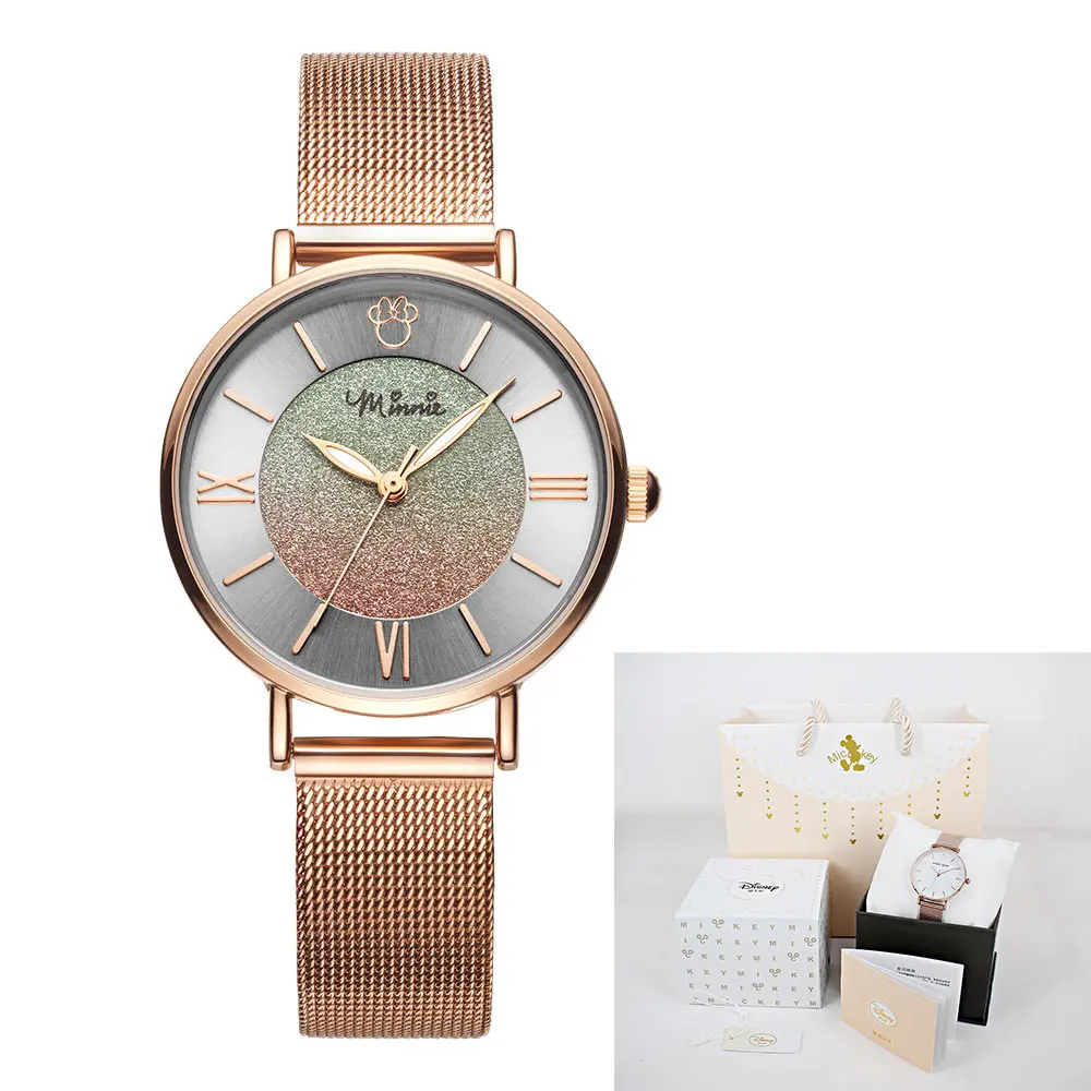 rose gold Disney Микки Женские кварцевые наручные часы звезда небо горный хрусталь женские Подарочный браслет наручные браслет-часы кожаный ремешок - Цвет: rose gold
