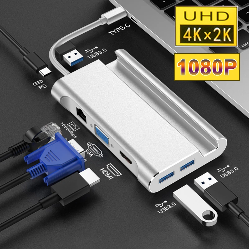 

Type c hub c to hdmi smart dock PD type-c 1000Mbps USB3.0 VGA HDMI4K*2KHD for iPad ProMate book Samsung910 Mate20 Pro