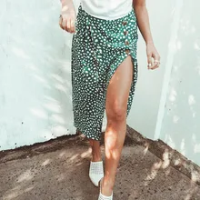 Юбки средней длины с разрезом с завышенной талией, женская зеленая леопардовая юбка в горошек, Повседневная шикарная летняя юбка, сексуальная высокая модная юбка в стиле бохо