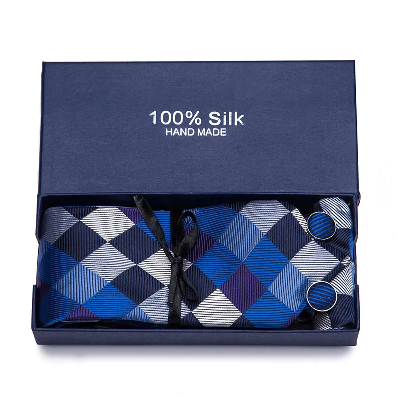 

New Wedding Men Tie Blue Striped Lattice Fashion Designer Ties For Men Business 7.5cm 100% Silk Tie Gift Box Packing Mens Ties