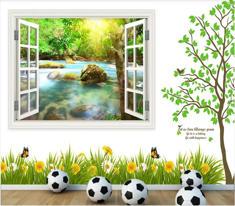 

Custom mural on the wall 3d wall paper Window scenery flowers grass forest stream water decor photo wallpaper in the living room