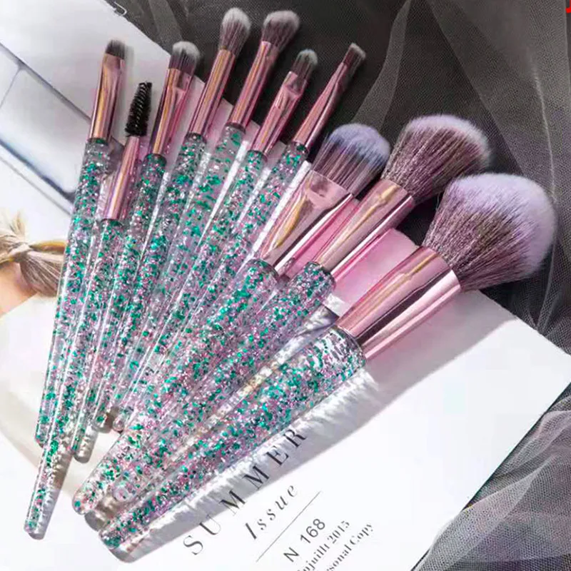 10Pcs Professional Makeup Brush Diamond Crystal Set Acrylic Handle Foundation Blush Powder Mixed Eye Shadow Tool Kit | Красота и
