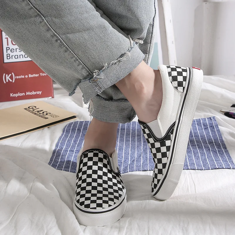 Zapatos planos de lona sin cordones para mujer, mocasines informales a cuadros vulcanizados