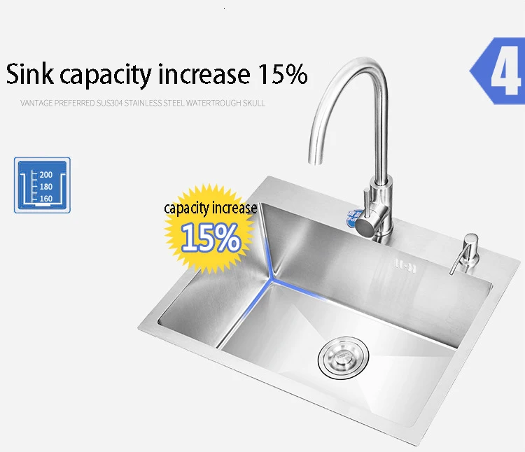 Kitchen sink, a bowl above the udermount assembly table or unit, hand washed, non sewn, 304 stainless steel kitchen sinks
