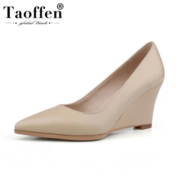 

Taoffen Women Genuine Leather Pumps Office Work Wedges Pointed Toe High Heels Shoes Women Spring Pumps Footwear Size 33-42