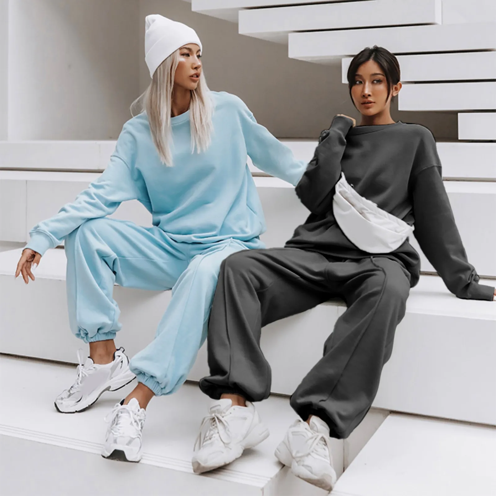 Women's Sets Solid Color Long-sleeved Long Pants Sports Casual Suit With Pockets Jogging Tracksuit Outfits Femme Clothing 1
