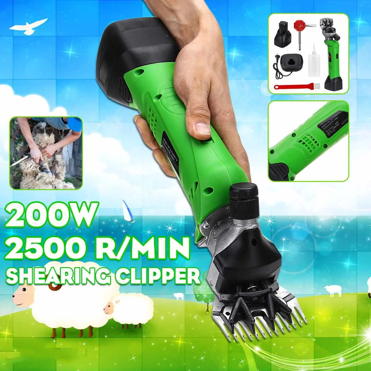 Doersupp 12V 200W Cordless Electric Sheep Shearing Clipper Scissors Goat Wool Shears Cutter Powerful Quiet Motor 2500rpm