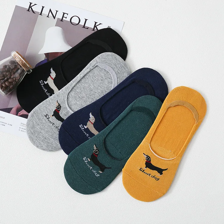 

Spring Summer Men Cotton Cute Cartoon Dog Casual Non-Slip Breathable Stealth Ankle Low Cut Boat Socks