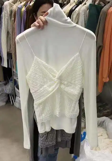 Neploe Turtleneck Pullover Long Sleeve Solid Bottom T Shirt Patchwork Tie Bow Camis Tees Autumn Spring New Ladies Top 48183