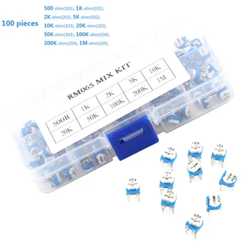 

100pcs 10 Value Potentiometer Trimpot Variable Resistor Assortment Box Kit