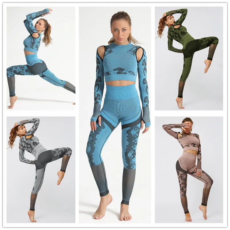

Women's sports suit, tight quick drying exercise fitness long sleeve Yoga suit, sexy hollow high waist and hip lifting show body
