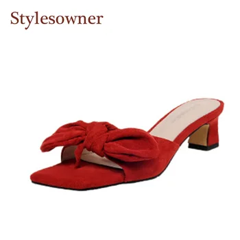 

Butterfly-knot Thick-soled High-heel Slippers For Woman Open-toe Outside Solid Apricot Black Red Sheepskin Shoes Spring Summer