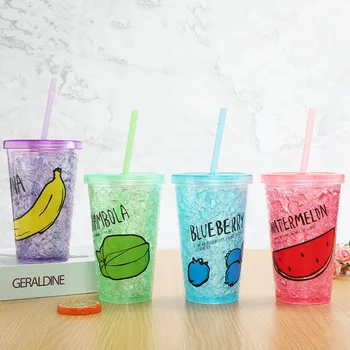 

summer Creative ice cool ice Cup cooling broken ice Cup student double-layer straw with lid portable water Cup straight Hot Sale