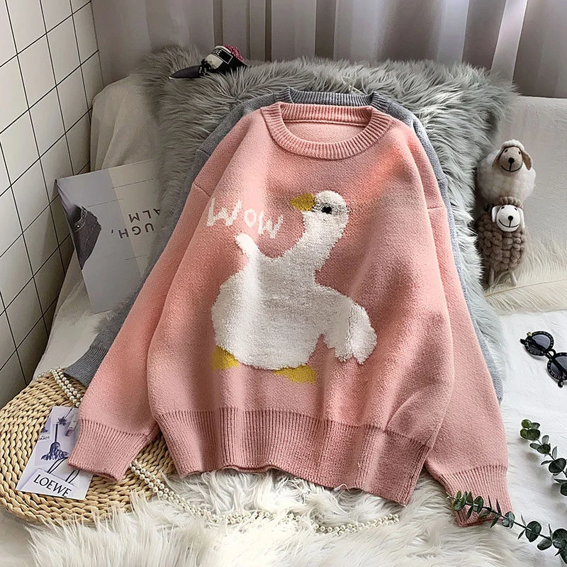 Duck Wow Goose Wow Jumper Cartoon Duck Print Knitted Sweater Women
