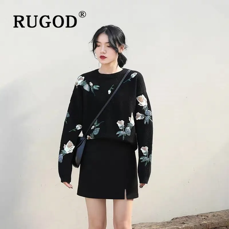 RUGOD, винтажный женский свитер, Пуловеры с круглым вырезом, цветочный узор, ВЯЗАННЫЙ ПУЛОВЕР, модные женские шикарные повседневные топы, осенний свитер
