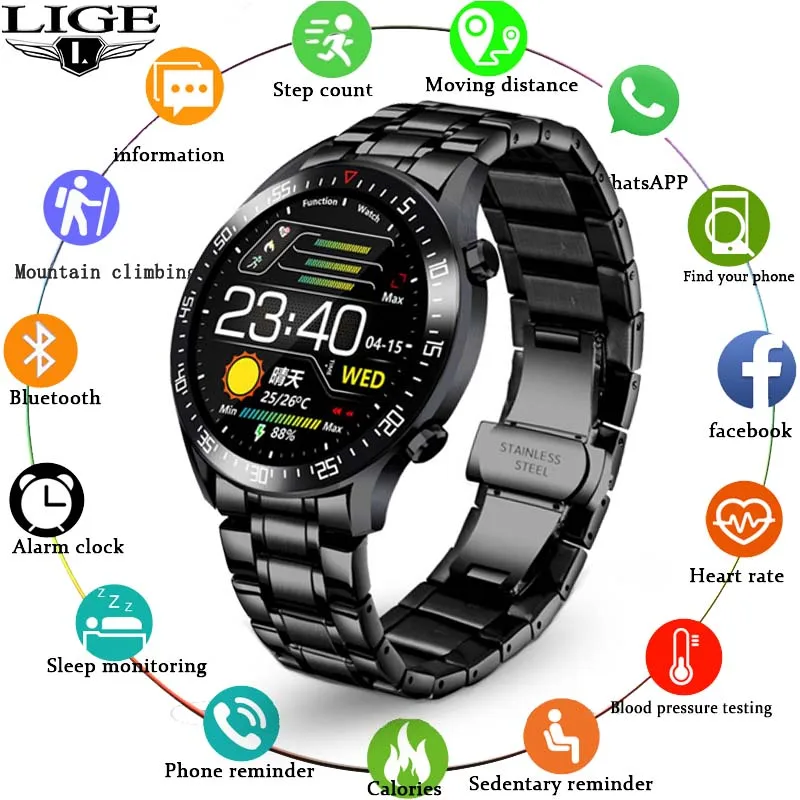 

LIGE Smart Watch Men Blood Pressure Heart Rate Monitoring Incoming call Reminder Pedometer Sports Smartwatch for Android iOS