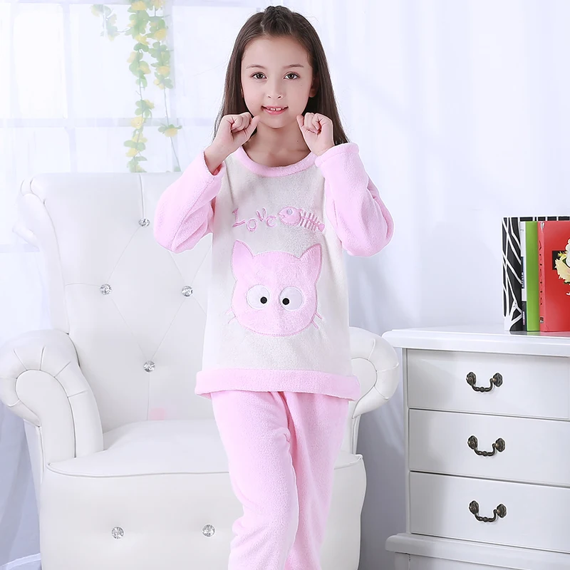 color at picture Baby Christmas Pajamas Winter Thick Warm Flannel Big Girl Kids Pajamas Set Long Sleeve Boy Sleepwear Cute Girl Top+pant r5 - Цвет: color at picture
